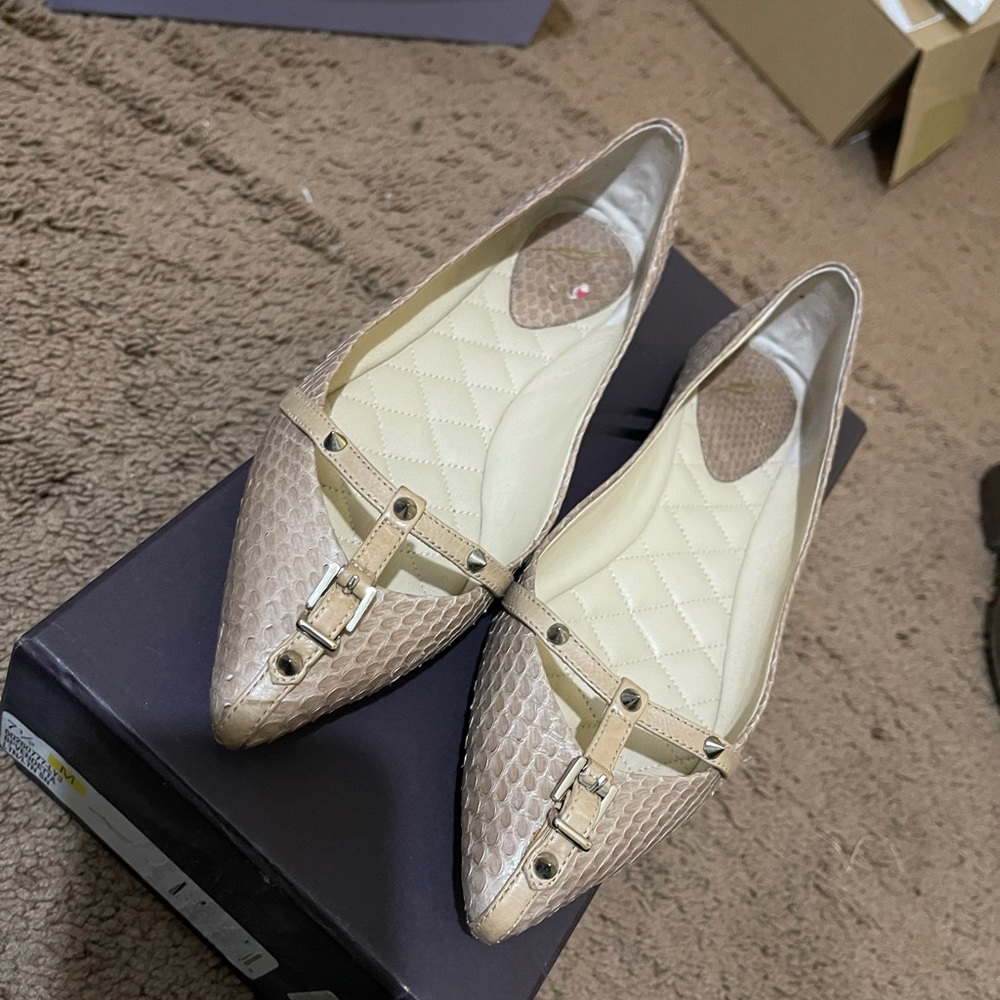 Brian Atwood pointy toe snake skin flats